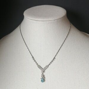 Minimalist Angel Pendant Necklace Teal Pear Rhinestone Silvertone Chain